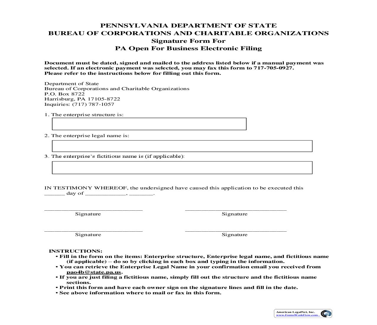 Signature Form For PA Open For Business Electronic Filing | Pdf Fpdf Doc Docx | Pennsylvania