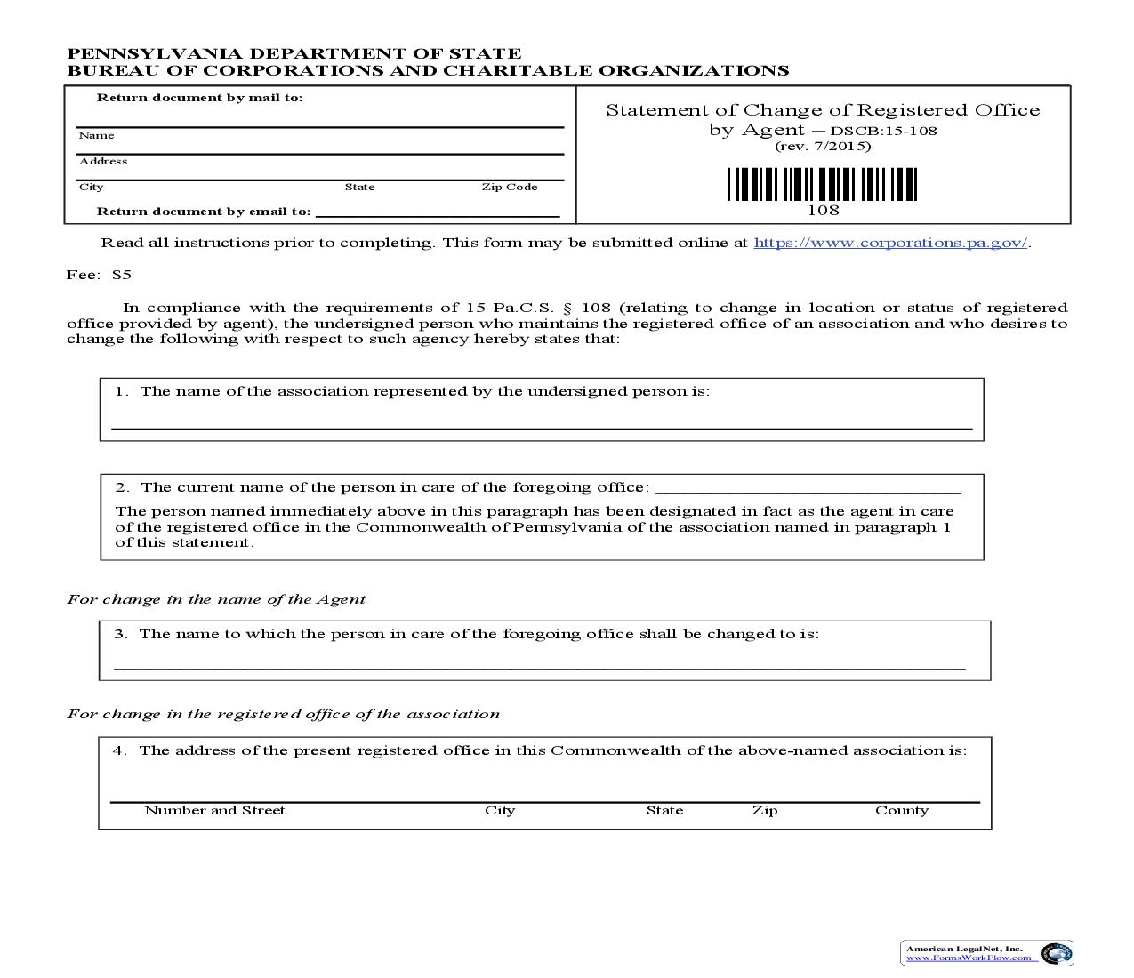 Statement Of Change Of Registered Office By Agent {DSCB 15-108} | Pdf Fpdf Doc Docx | Pennsylvania
