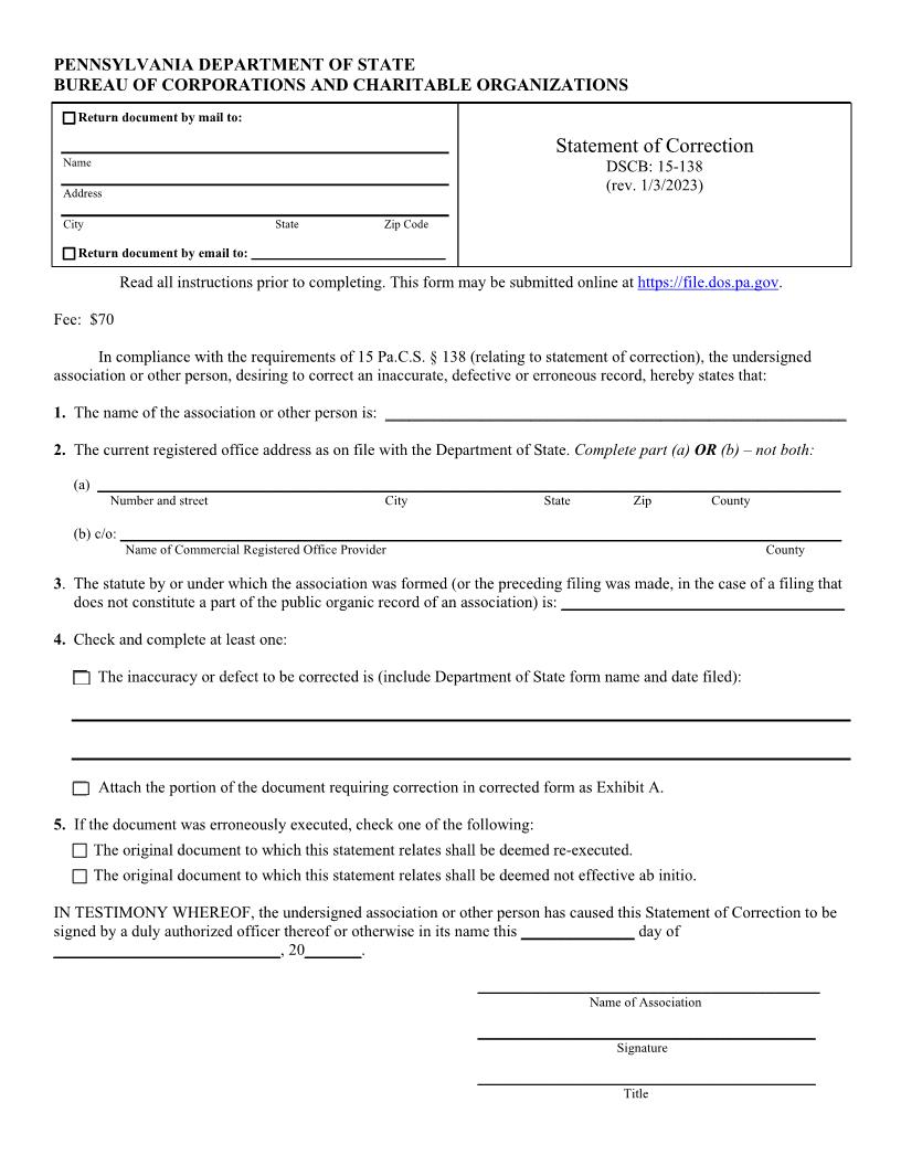 Statement Of Correction {DSCB 15-138} | Pdf Fpdf Doc Docx | Pennsylvania
