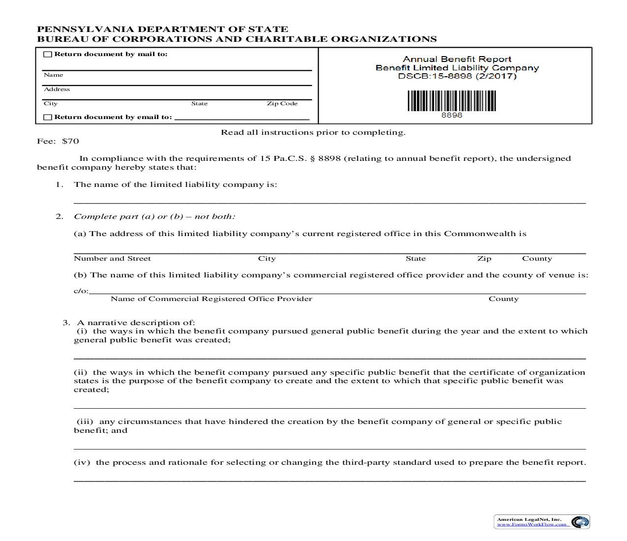Annual Benefit Report Benefit Limited Liability Company {DSCB 15-8898} | Pdf Fpdf Doc Docx | Pennsylvania