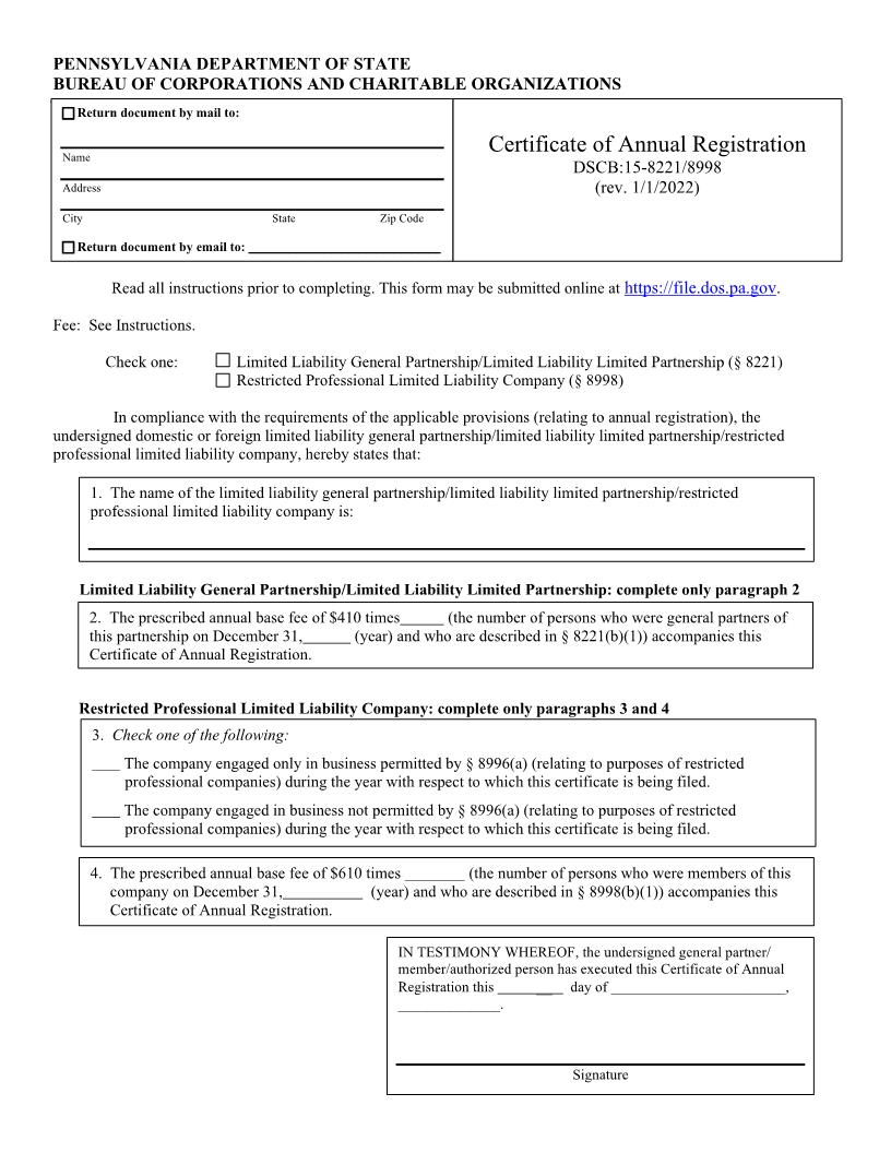 Certificate Of Annual Registration - Registered LLP, LLC {DSCB 15-8221-8998} | Pdf Fpdf Docx | Pennsylvania