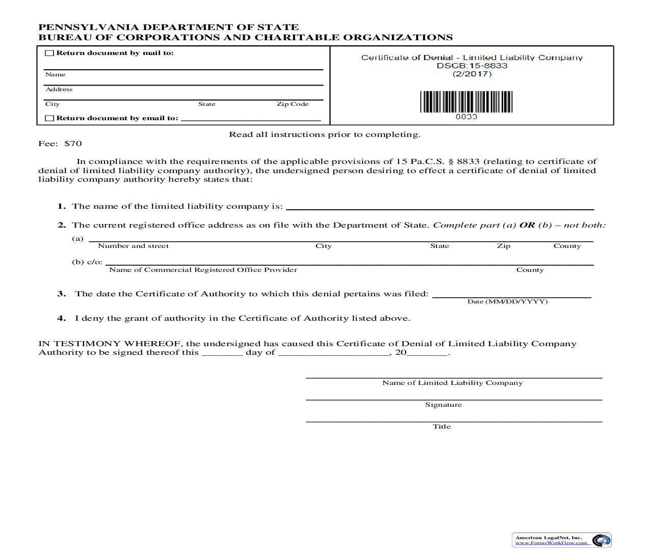 Certificate Of Denial Limited Liability Company {DSCB 15-8833} | Pdf Fpdf Doc Docx | Pennsylvania