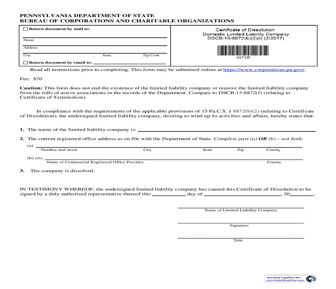 Certificate Of Dissolution Domestic Limited Liability Company {DSCB 15-8872(b)(2)(i)} | Pdf Fpdf Doc Docx | Pennsylvania