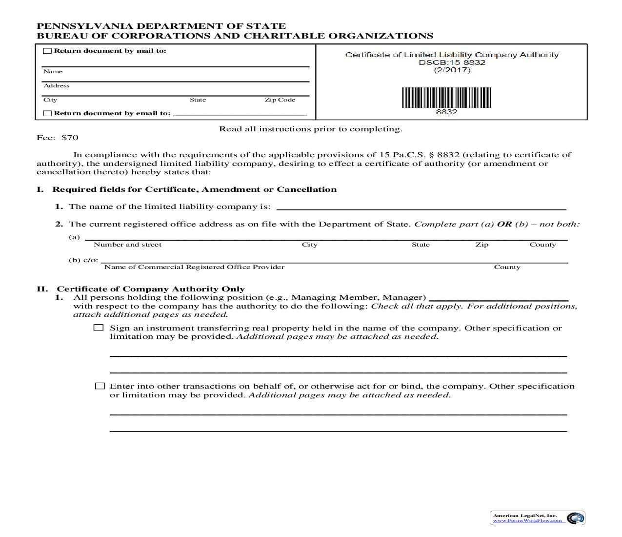 Certificate Of Limited Liability Company Authority {DSCB 15-8832} | Pdf Fpdf Doc Docx | Pennsylvania