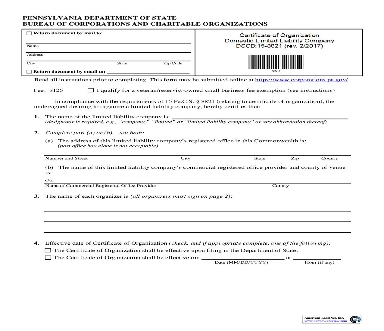 Certificate Of Organization Domestic Limited Liability Company {DSCB 15-8821} | Pdf Fpdf Doc Docx | Pennsylvania