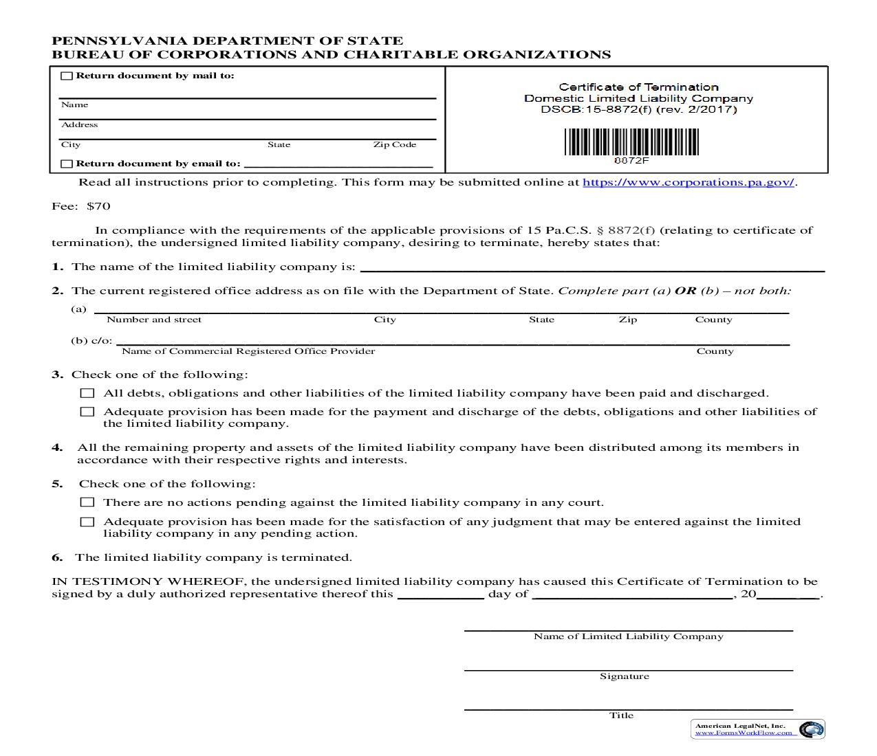 Certificate Of Termination Domestic Limited Liability Company {DSCB 15-8872(f)} | Pdf Fpdf Doc Docx | Pennsylvania
