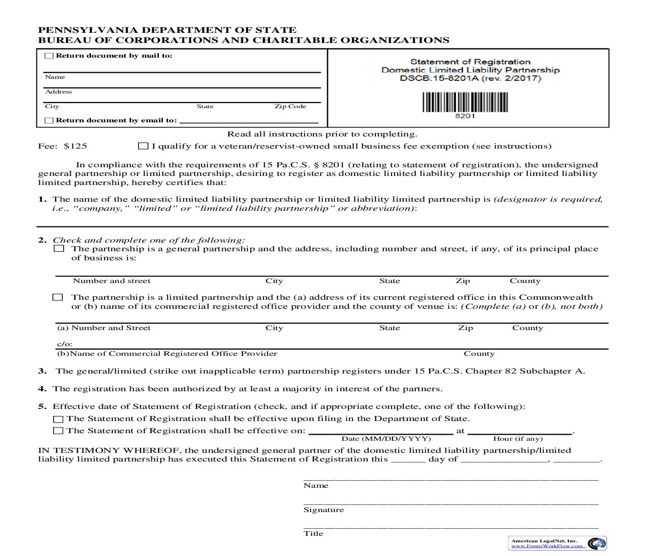 Statement Of  Registration Domestic Limited Liability Partnership {DSCB 15-8201A} | Pdf Fpdf Doc Docx | Pennsylvania