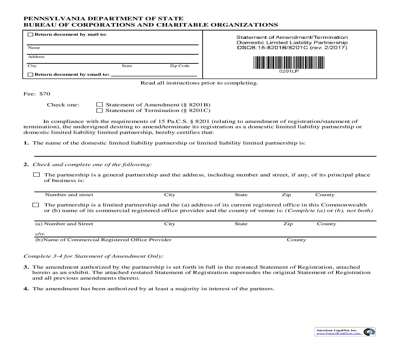Statement Of Amendment Termination Domestic Limited Liability Partnership {DSCB 15-8201B,C} | Pdf Fpdf Doc Docx | Pennsylvania