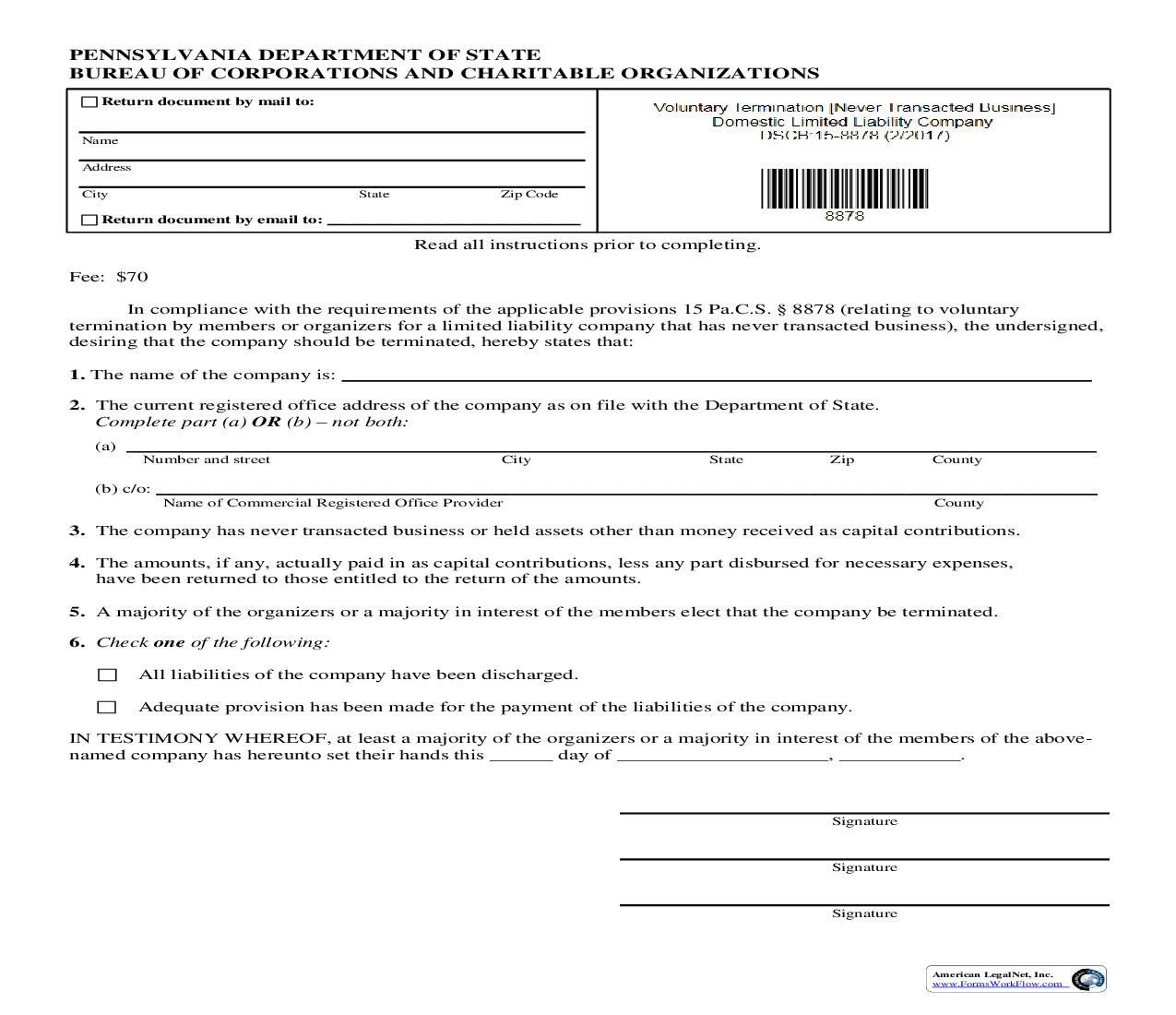 Voluntary Termination (Never Transacted Business) Domestic Limited Liability Company {DSCB 15-8878} | Pdf Fpdf Doc Docx | Pennsylvania