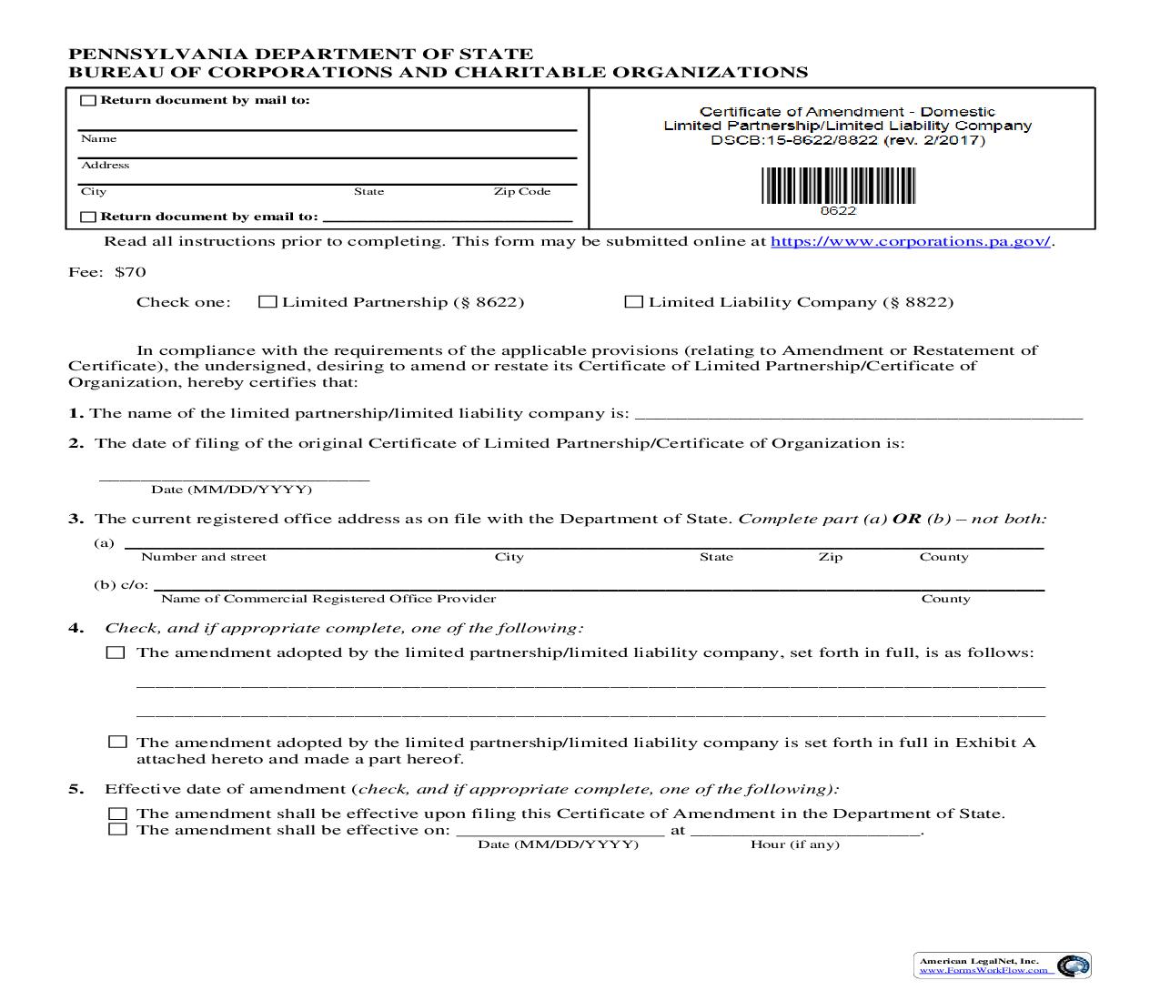 Certificate Of Amendment - Domestic {DSCB 15-8622-8822} | Pdf Fpdf Doc Docx | Pennsylvania