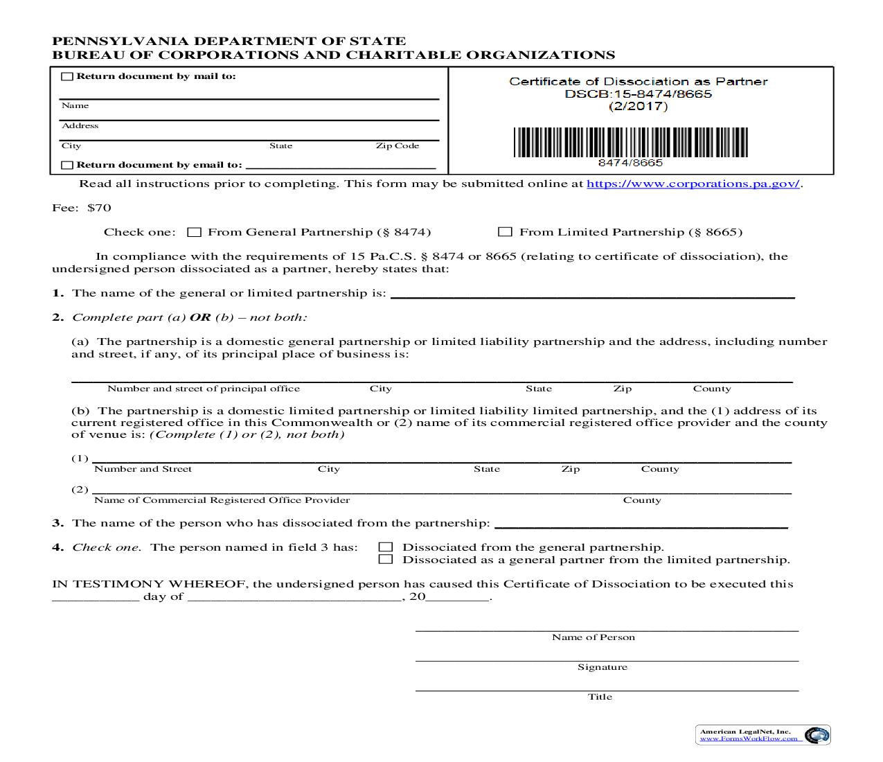 Certificate Of Dissociation As Partner {DSCB 15-8474-8665} | Pdf Fpdf Doc Docx | Pennsylvania