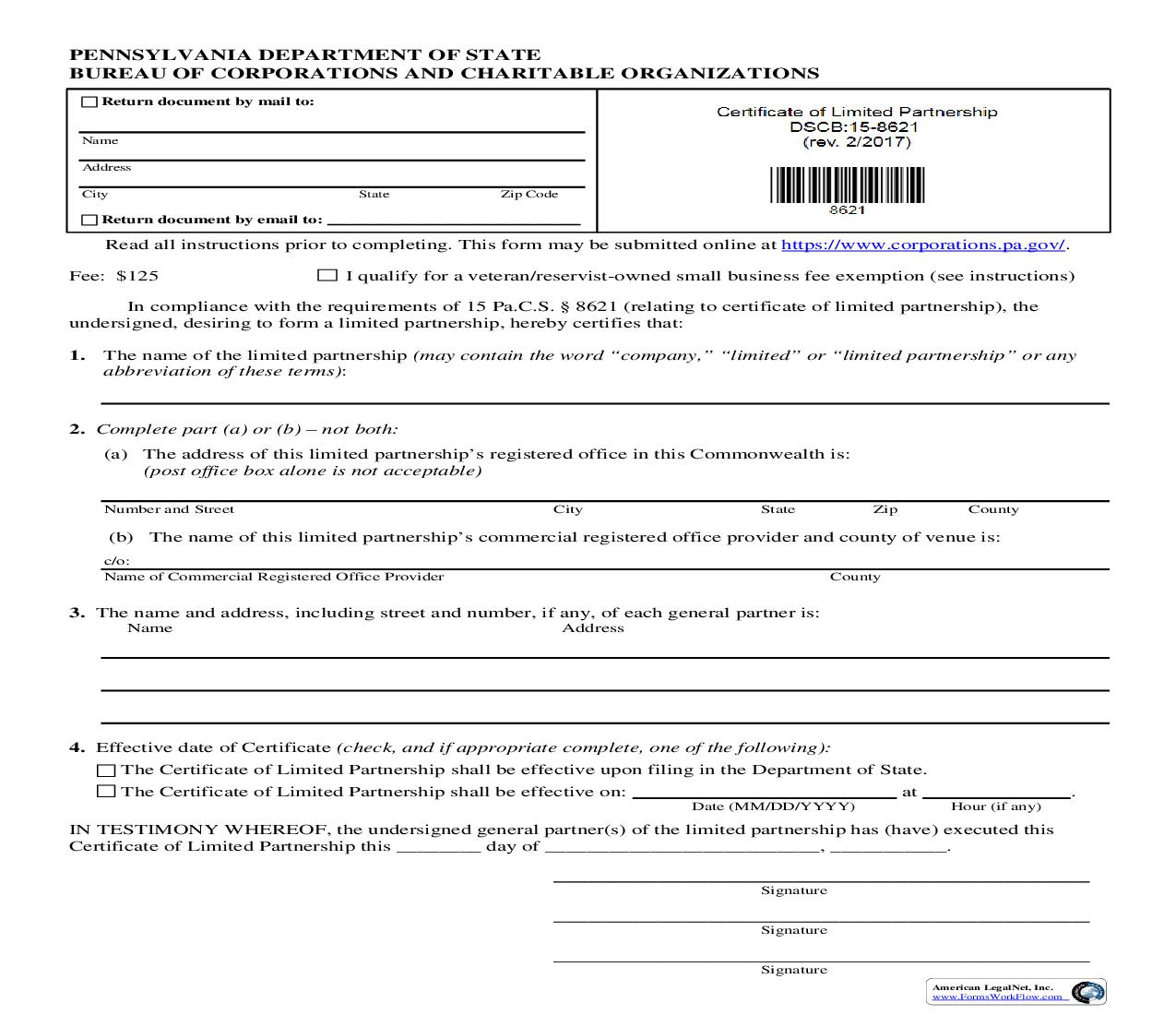 Certificate Of Limited Partnership {DSCB 15-8621} | Pdf Fpdf Doc Docx | Pennsylvania