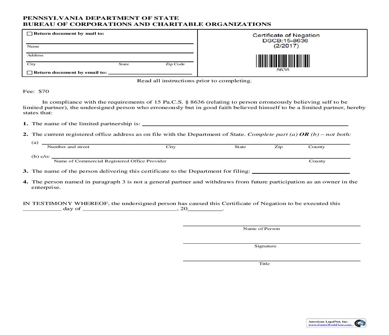 Certificate Of Negation {DSCB 15-8636} | Pdf Fpdf Doc Docx | Pennsylvania
