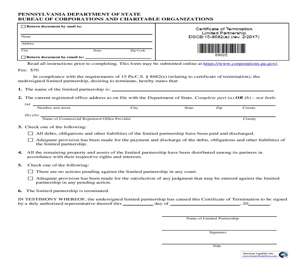 Certificate Of Termination Limited Partnership {DSCB 15-8682(e)} | Pdf Fpdf Doc Docx | Pennsylvania