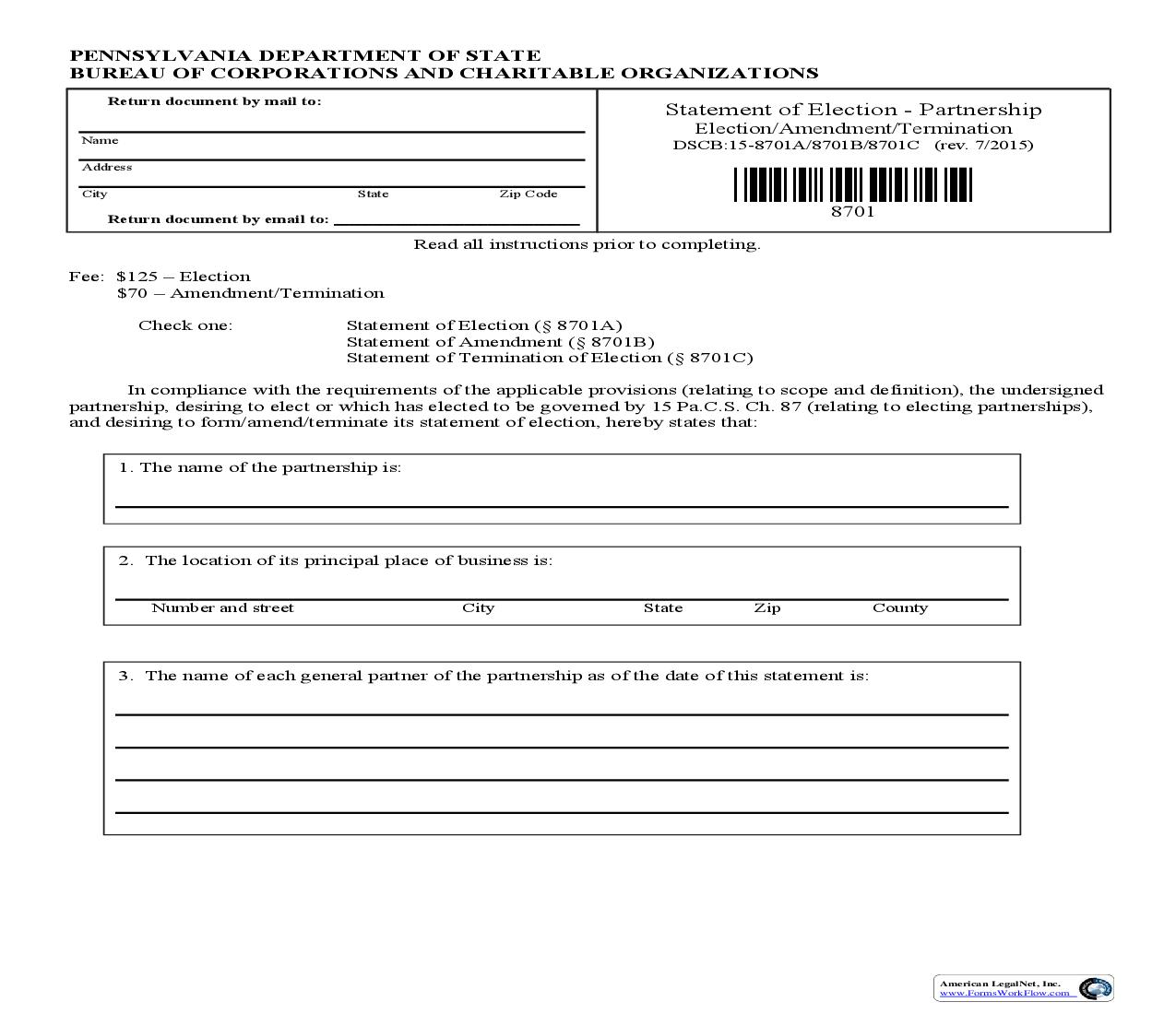 Statement Of Election Partnership {DSCB 15-8701A,B,C} | Pdf Fpdf Doc Docx | Pennsylvania