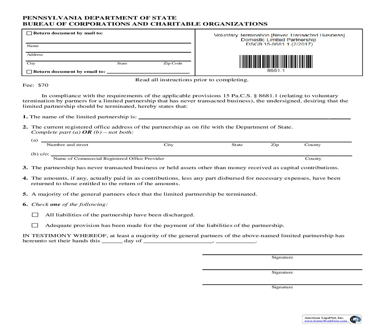 Voluntary Termination (Never Transacted Business) Domestic Limited Partnership {DSCB 15-8681.1} | Pdf Fpdf Doc Docx | Pennsylvania