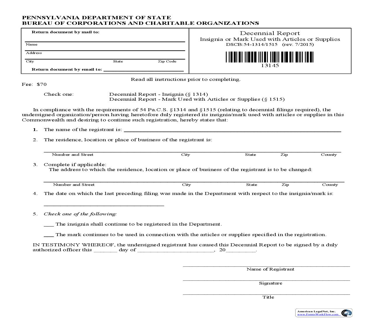 Decennial Report Insignia Or Mark Used With Articles Or Supplies {DSCB 54-1314-1515} | Pdf Fpdf Doc Docx | Pennsylvania