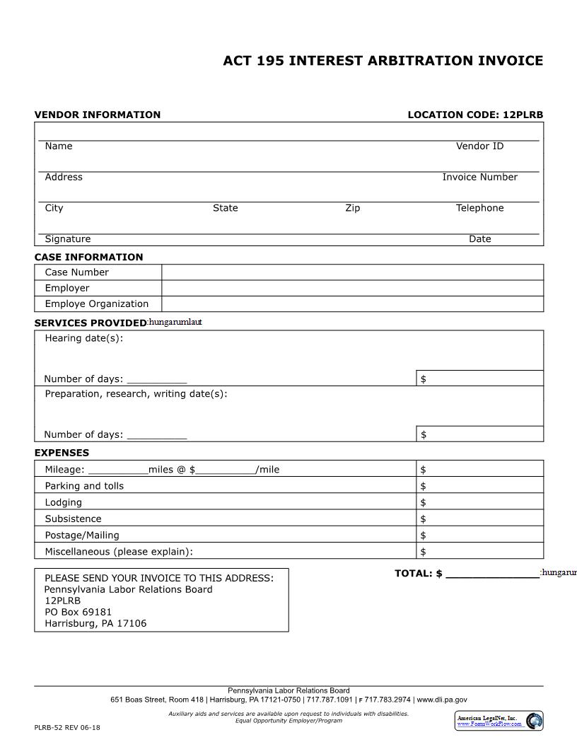 Act 195 Interest Arbitration Invoice {PLRB-52} | Pdf Fpdf Docx | Pennsylvania