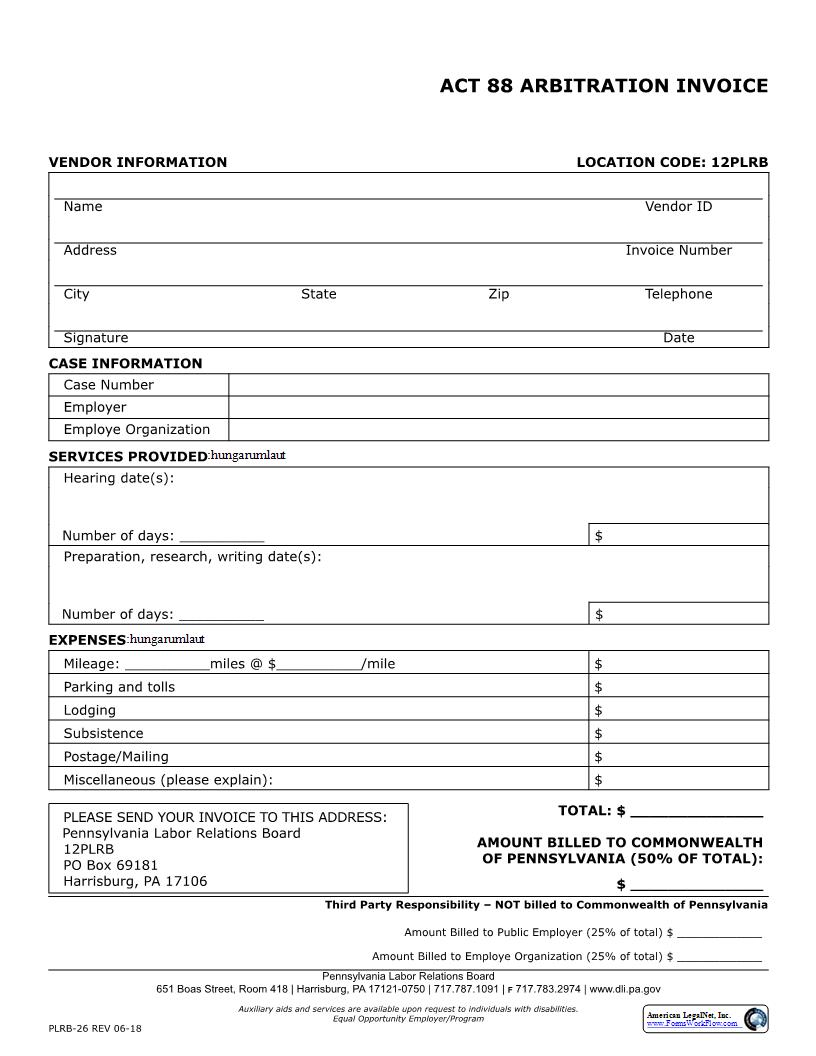 Act 88 Arbitration Invoice {PLRB-26} | Pdf Fpdf Docx | Pennsylvania