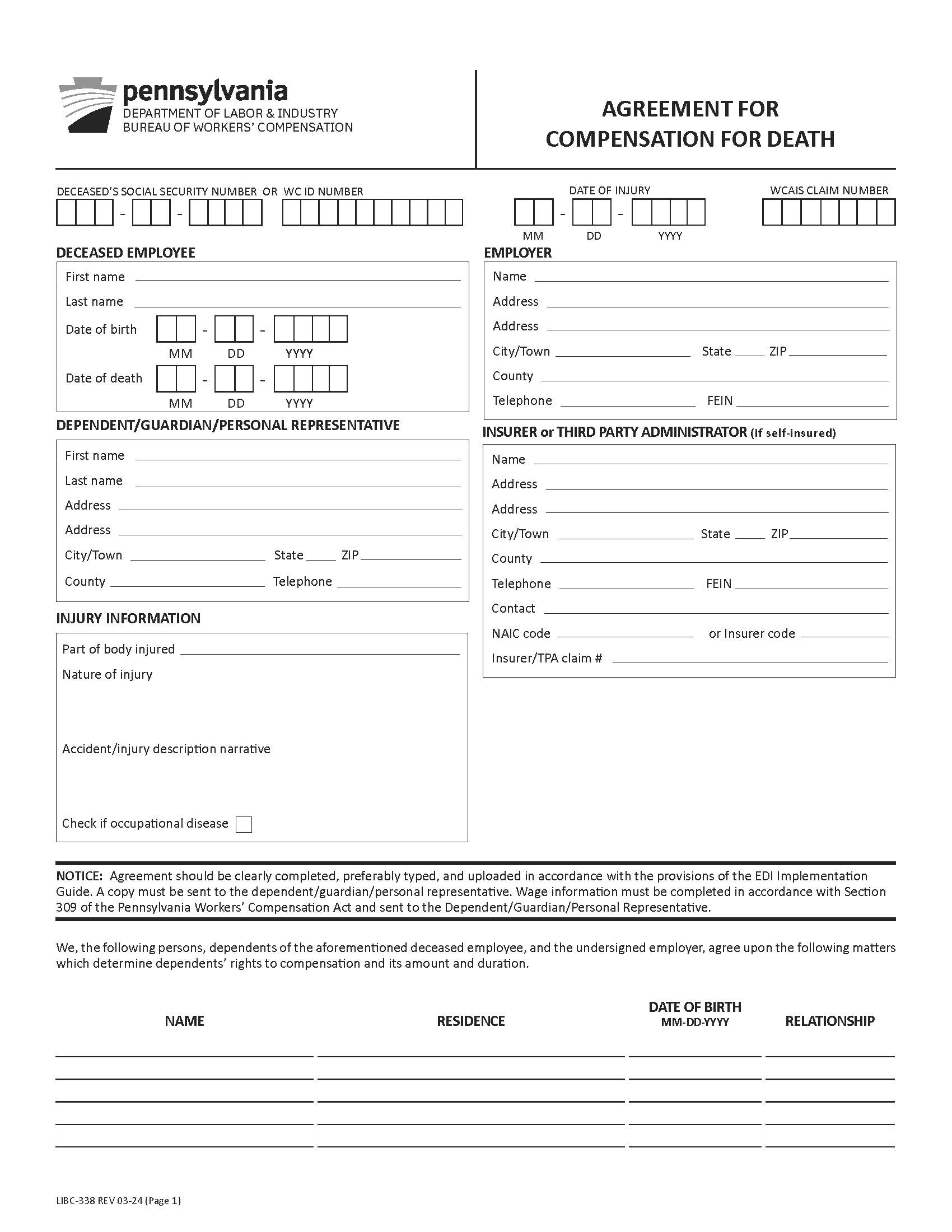 Agreement For Compensation For Death {LIBC-338} | Pdf Fpdf Docx | Pennsylvania