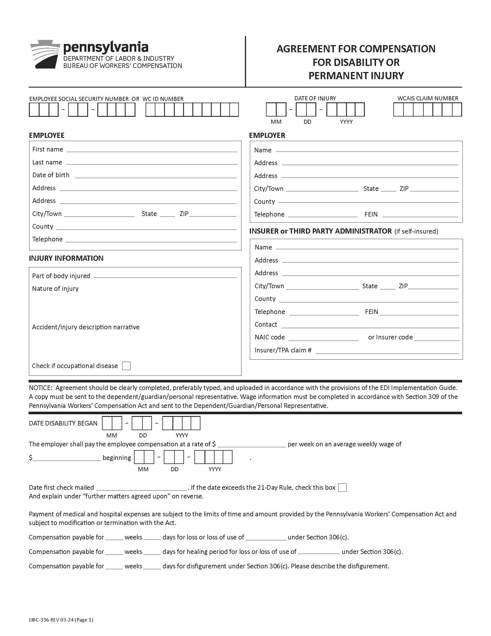 Agreement For Compensation For Disability Or Permanent Injury {LIBC-336} | Pdf Fpdf Docx | Pennsylvania