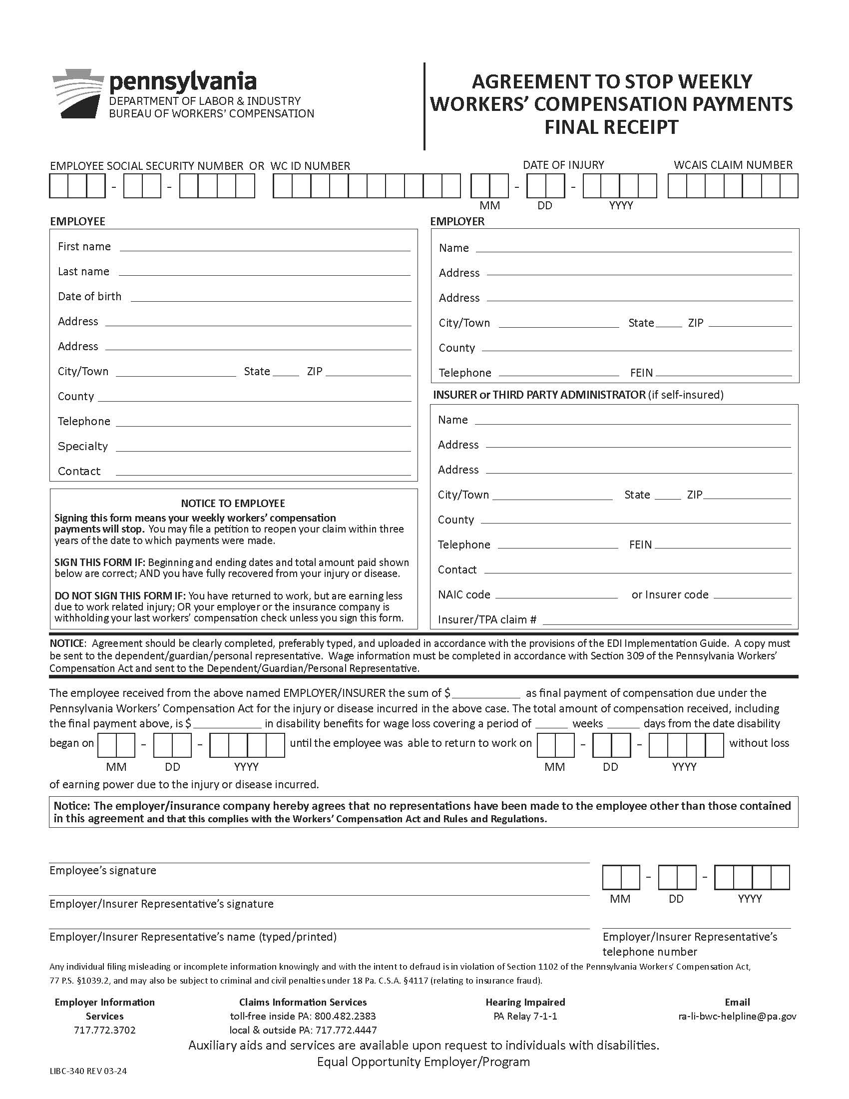 Agreement To Stop Weekly Workers Compensation Payments (Final Receipt) {LIBC-340} | Pdf Fpdf Docx | Pennsylvania