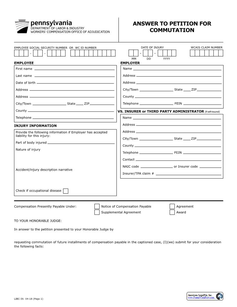 Answer To Petition For Commutation {LIBC-35} | Pdf Fpdf Docx | Pennsylvania