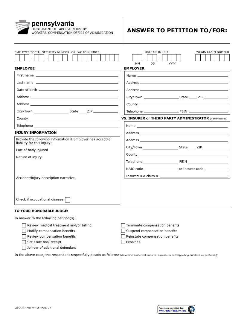 Answer To Petition To {LIBC-377} | Pdf Fpdf Docx | Pennsylvania