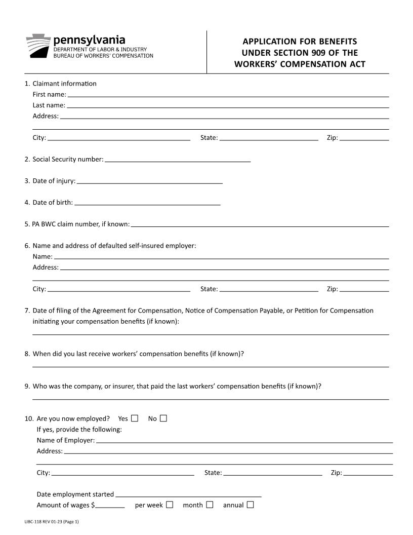 Application For Benefits Under Section 909 {LIBC-118} | Pdf Fpdf Docx | Pennsylvania