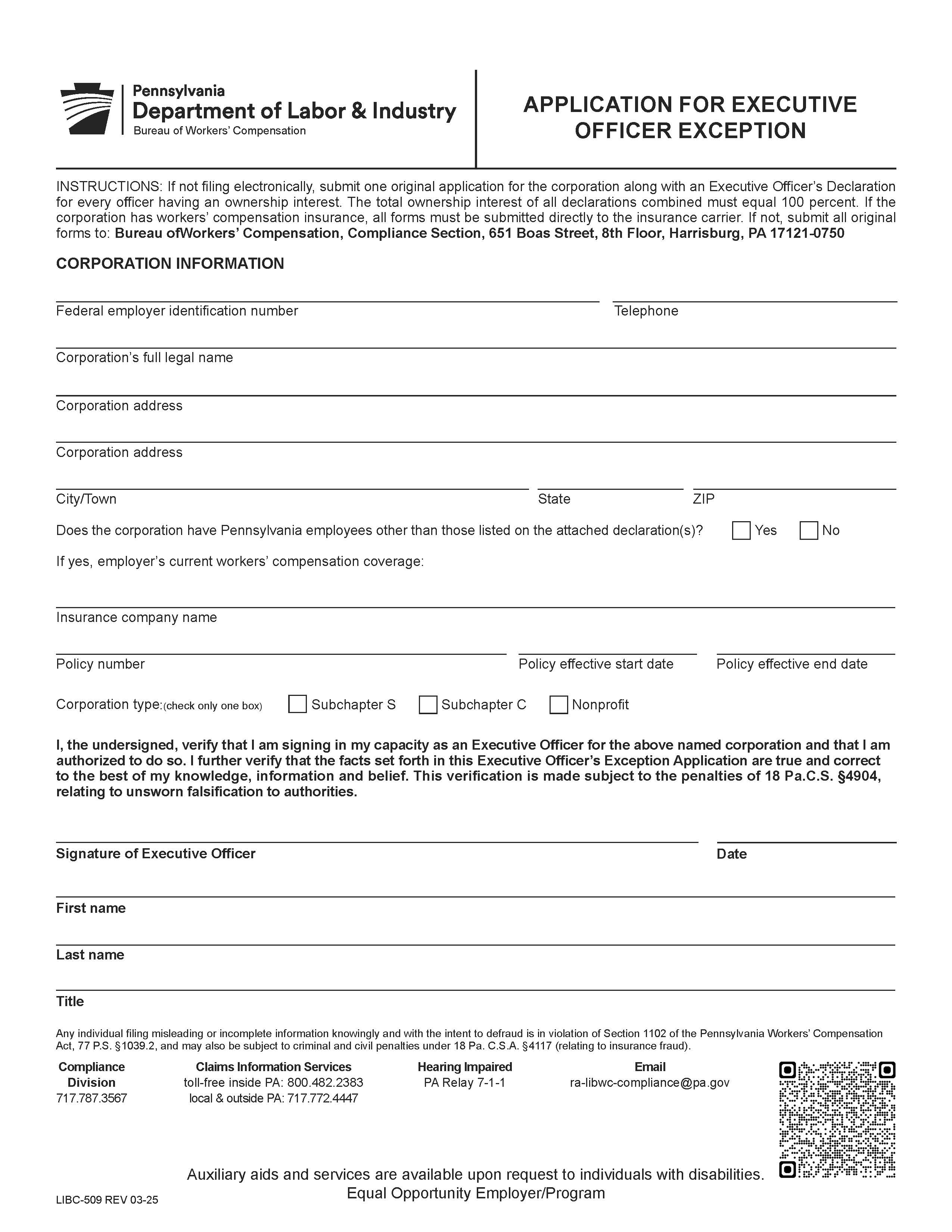 Application For Executive Officer Exception {LIBC-509} | Pdf Fpdf Docx | Pennsylvania