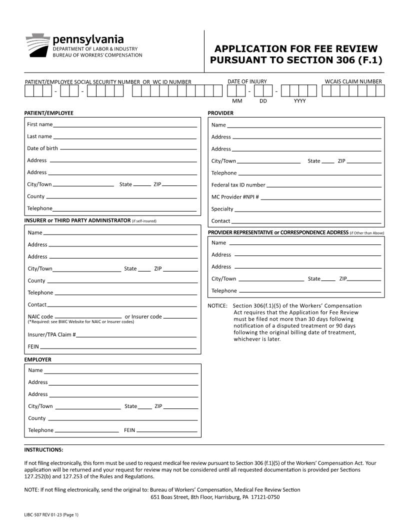 Application For Fee Review Pursuant To Section 306 (F.1) {LIBC-507} | Pdf Fpdf Docx | Pennsylvania