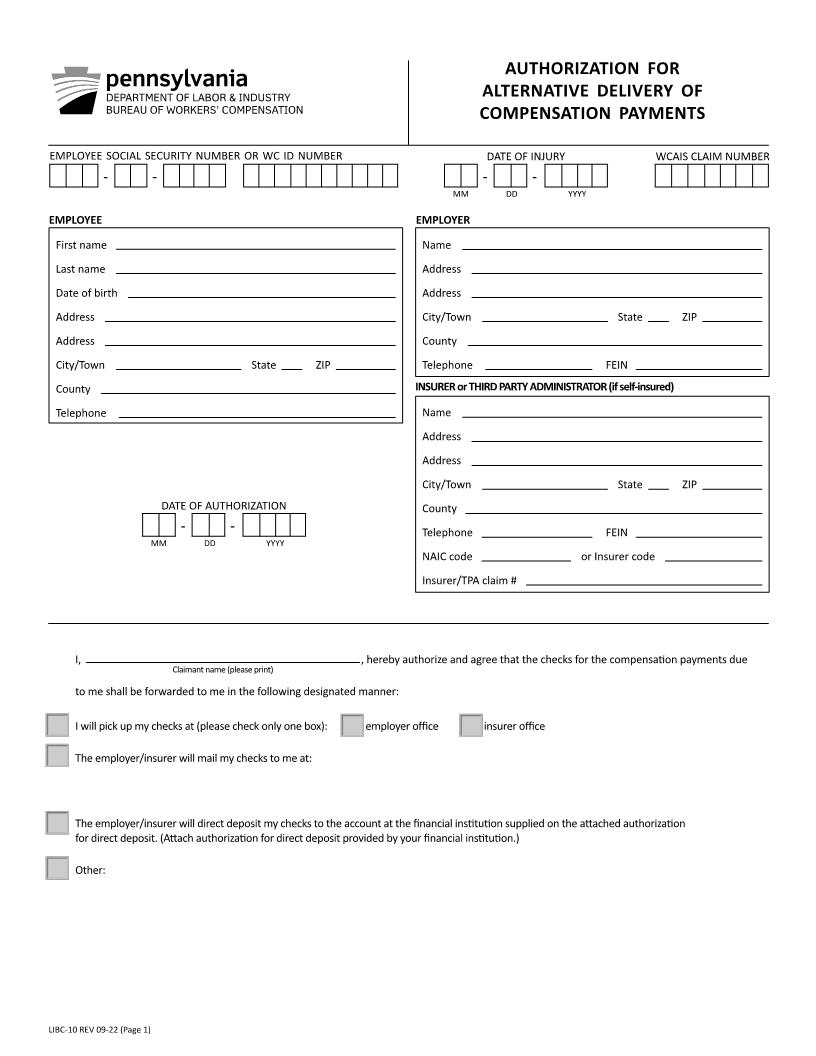 Authorization For Alternative Delivery Of Compensation Payments {LIBC-10} | Pdf Fpdf Docx | Pennsylvania