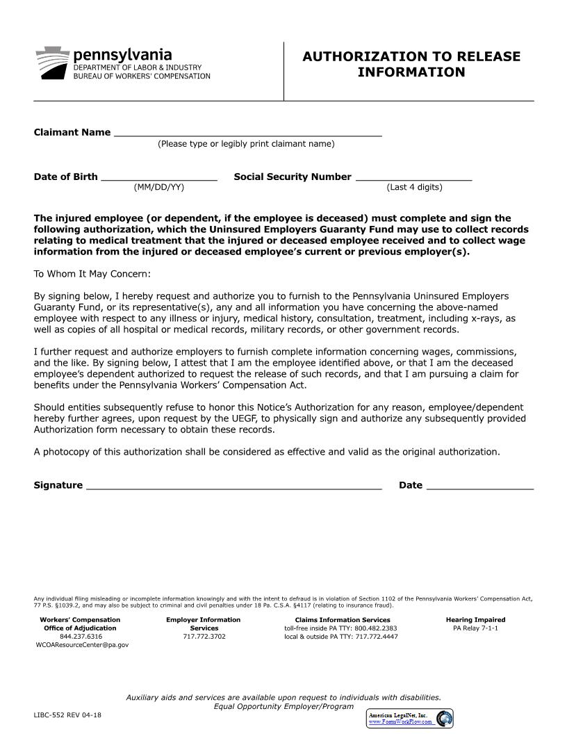 Authorization To Release Information-Verification Or Information {LIBC-552} | Pdf Fpdf Docx | Pennsylvania
