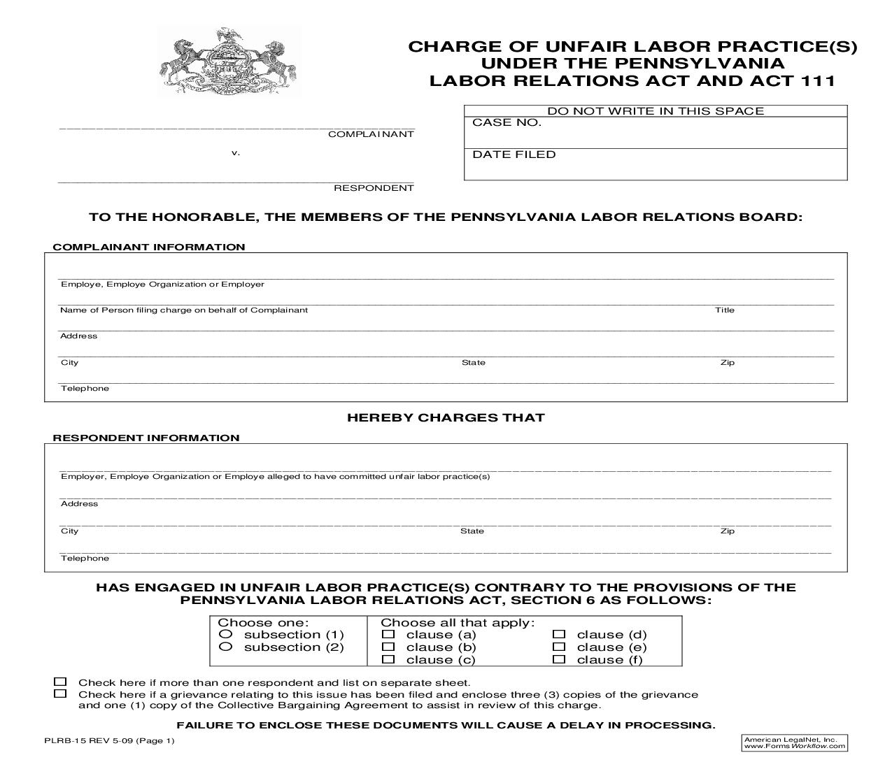 Charge Of Unfair Labor Practices {PLRB-15} | Pdf Fpdf Doc Docx | Pennsylvania