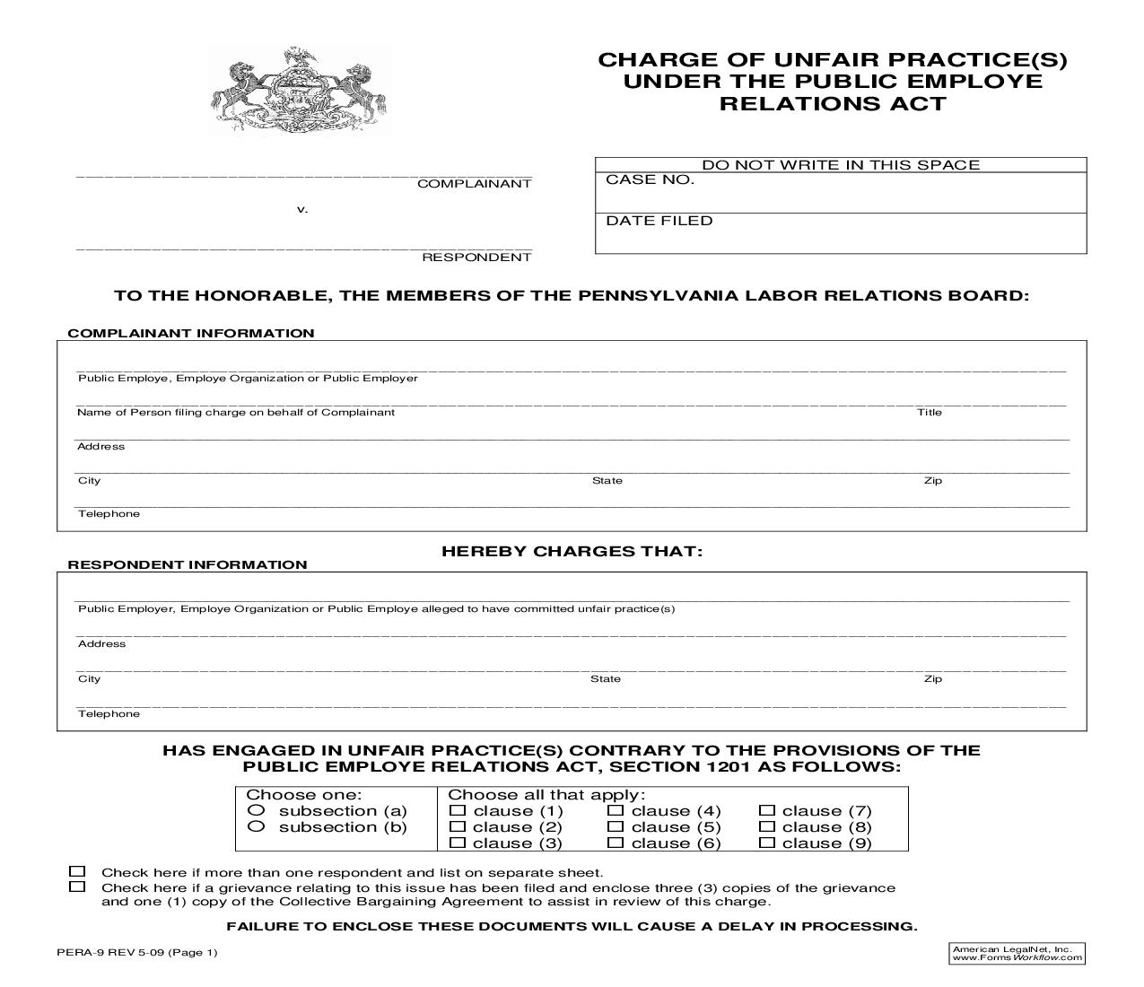 Charge of Unfair Practices {PERA-9} | Pdf Fpdf Doc Docx | Pennsylvania