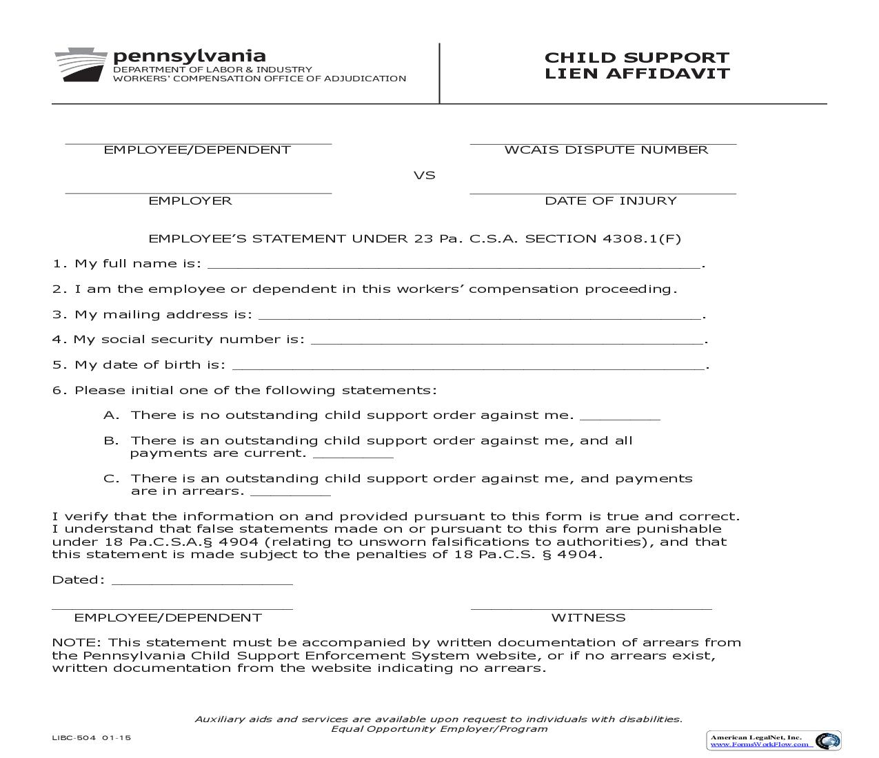 Child Support Lien Affidavit {LIBC-504} | Pdf Fpdf Doc Docx | Pennsylvania