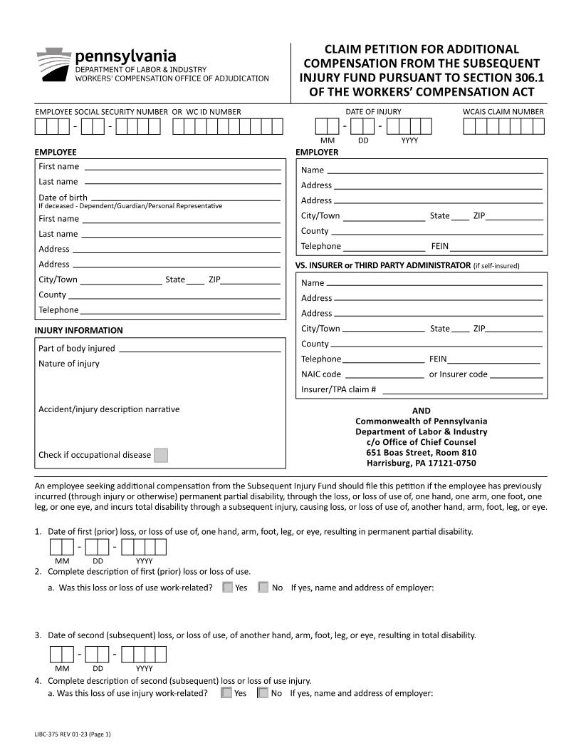 Claim Petition For Additional Compensation From Subsecquent Injury Fund {LIBC-375} | Pdf Fpdf Docx | Pennsylvania