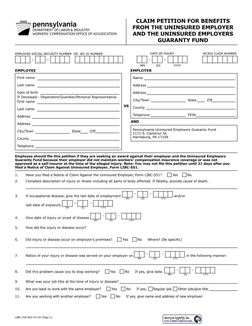 Claim Petition For Benefits From Uninsured Employer Guaranty Fund And Uninsured Employer {LIBC-550} | Pdf Fpdf Docx | Pennsylvania