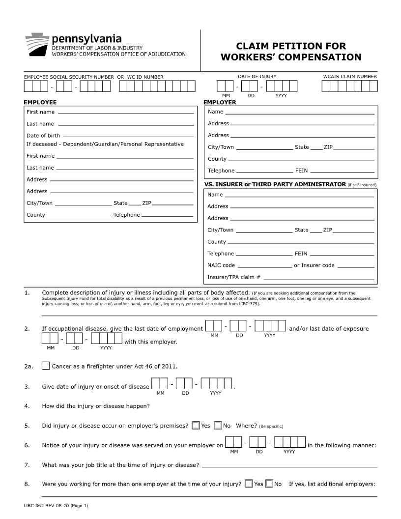 Claim Petition For Workers Compensation {LIBC-362} | Pdf Fpdf Docx | Pennsylvania