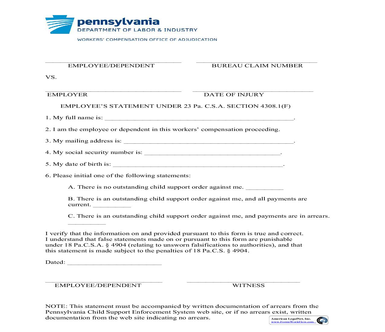 Claimants Statement | Pdf Fpdf Doc Docx | Pennsylvania