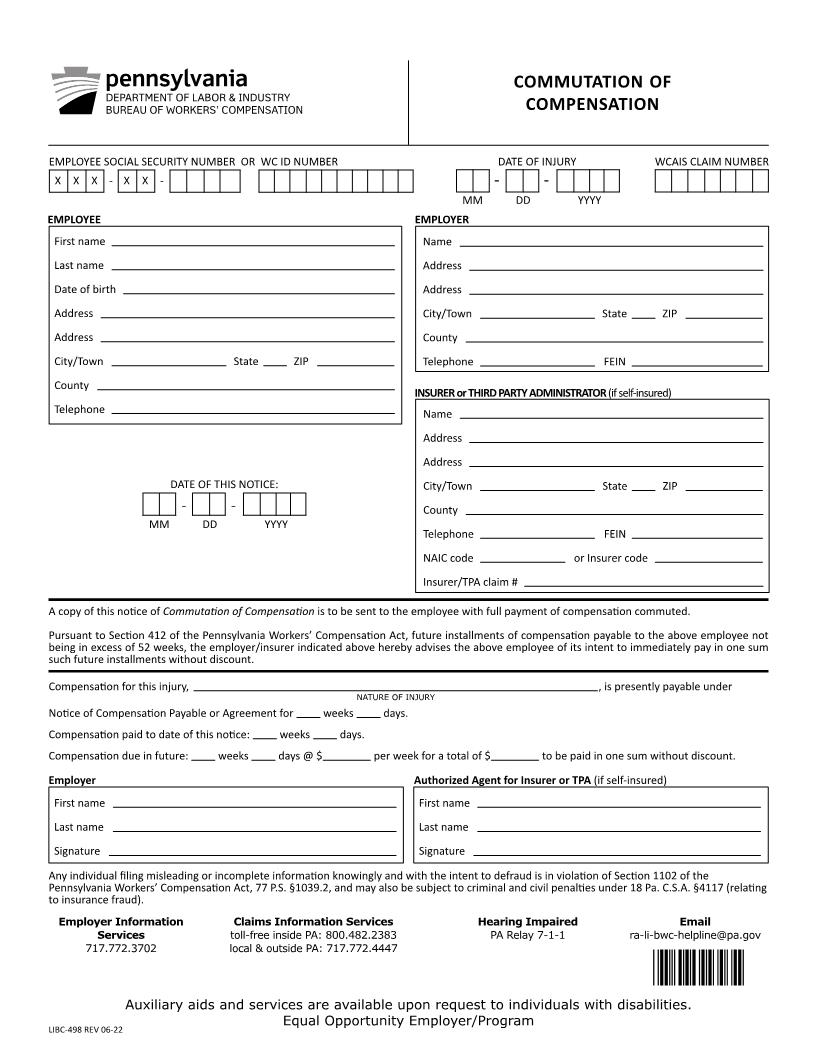 Commutation Of Compensation {LIBC-498} | Pdf Fpdf Docx | Pennsylvania
