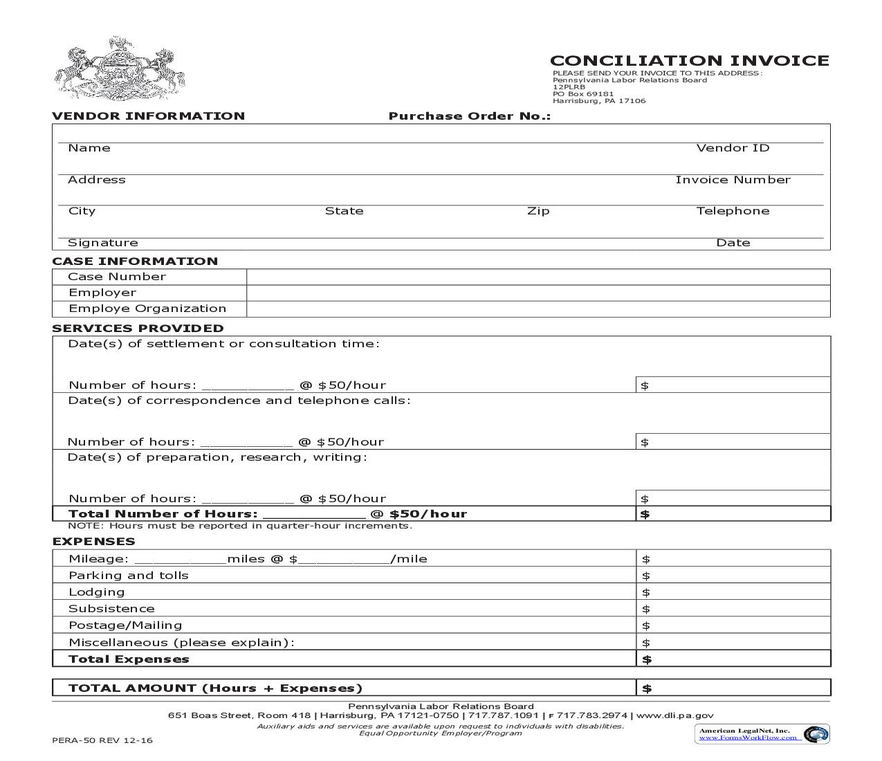 Conciliation Invoice {PERA-50} | Pdf Fpdf Doc Docx | Pennsylvania