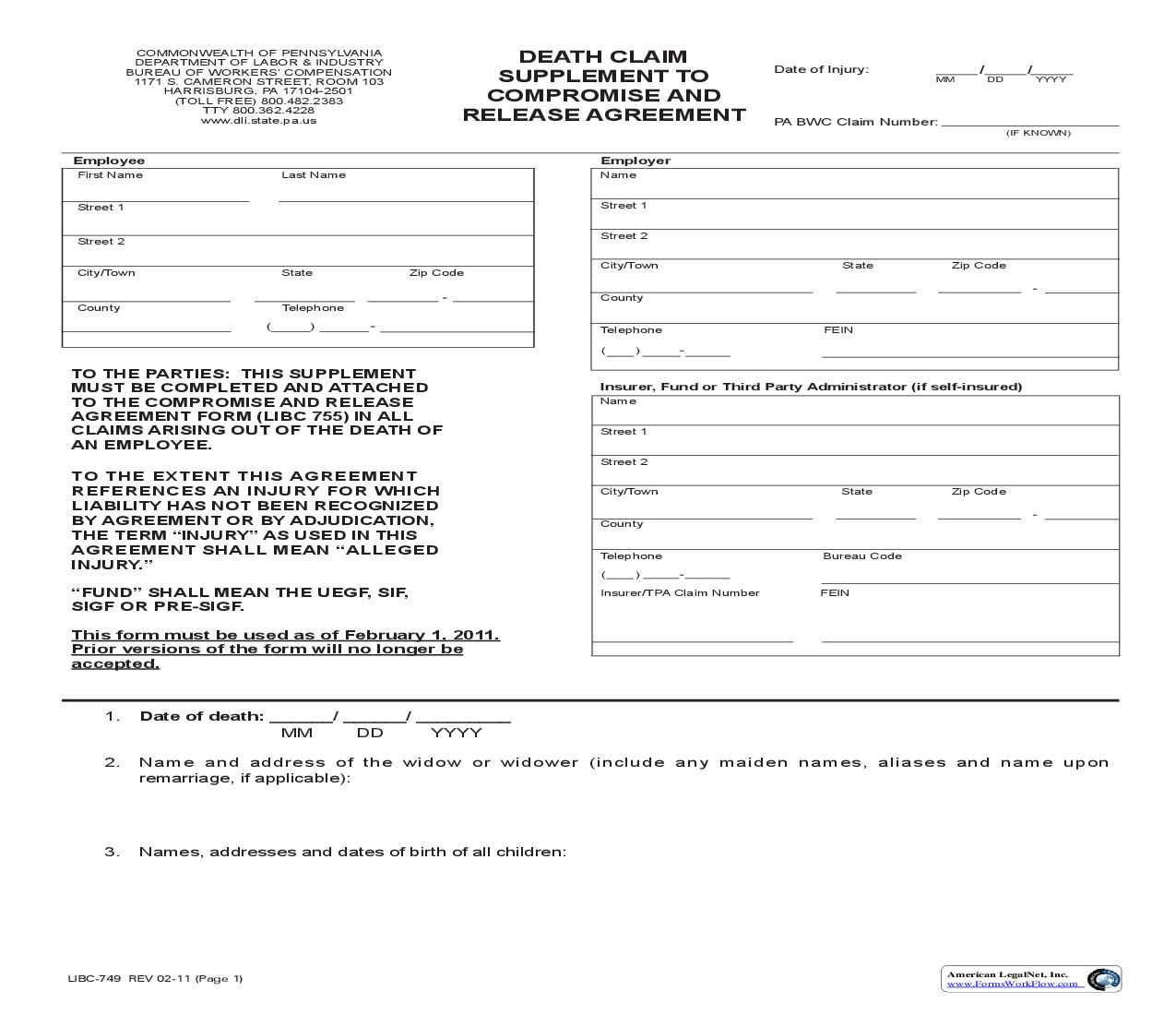 Death Claim Supplement To Compromise And Release Agreement {LIBC-749} | Pdf Fpdf Doc Docx | Pennsylvania