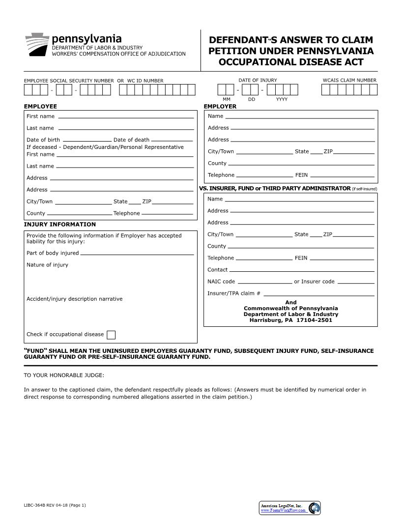 Defendants Answer To Claim Petition Under Pennsylvania Occupational Disease Act {LIBC-364B} | Pdf Fpdf Docx | Pennsylvania
