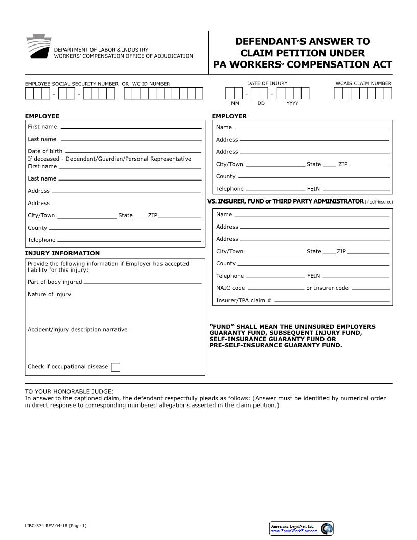 Defendants Answer To Claim Petition Under Pennsylvania Workers Compensation Act {LIBC-374} | Pdf Fpdf Docx | Pennsylvania