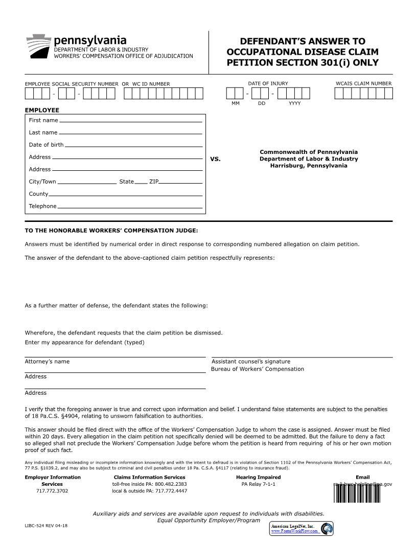 Defendants Answer To Occupational Disease Claim Petition Section 301(i) Only {LIBC-524} | Pdf Fpdf Docx | Pennsylvania