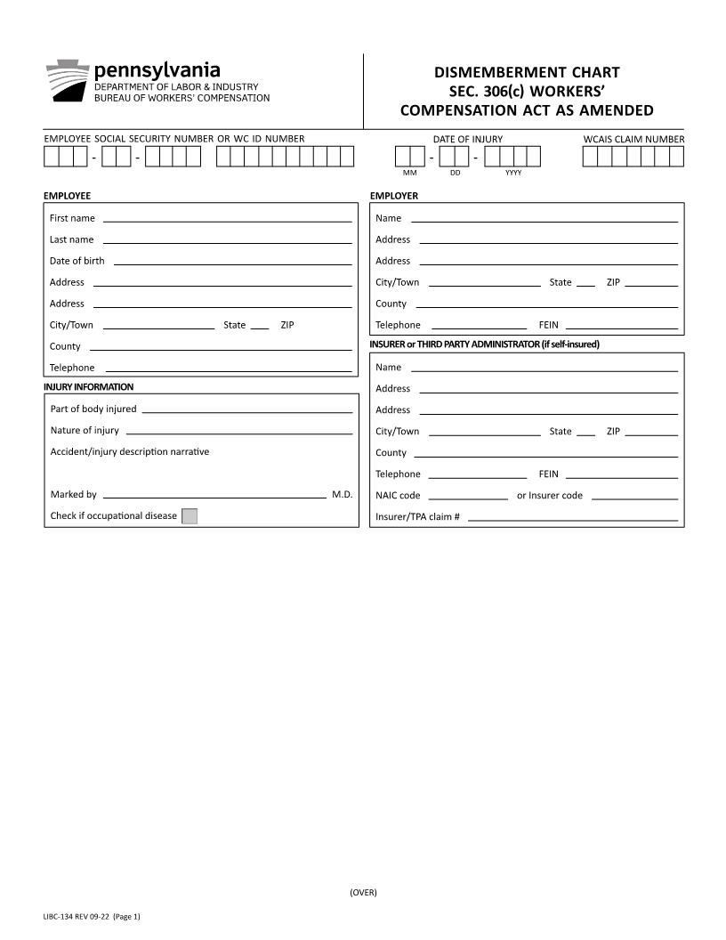 Dismemberment Chart (Hand) {LIBC-134} | Pdf Fpdf Docx | Pennsylvania