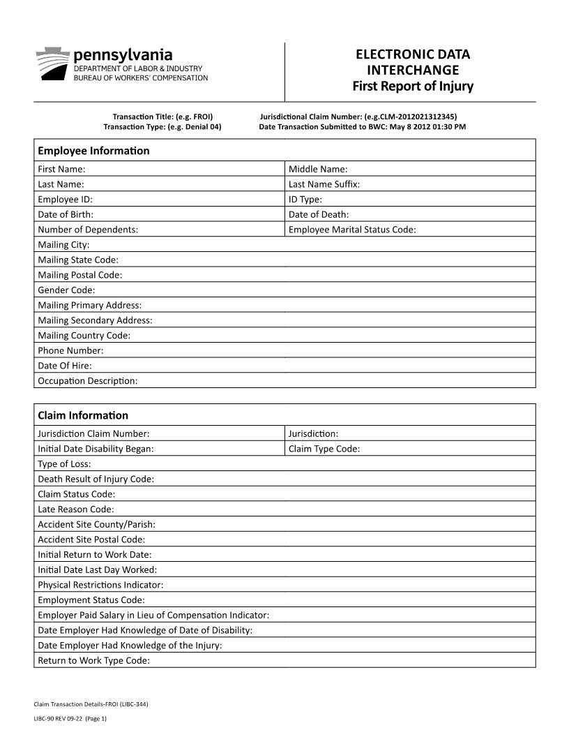 Electronic Data Interchange First Report Of Injury {LIBC-90} | Pdf Fpdf Docx | Pennsylvania