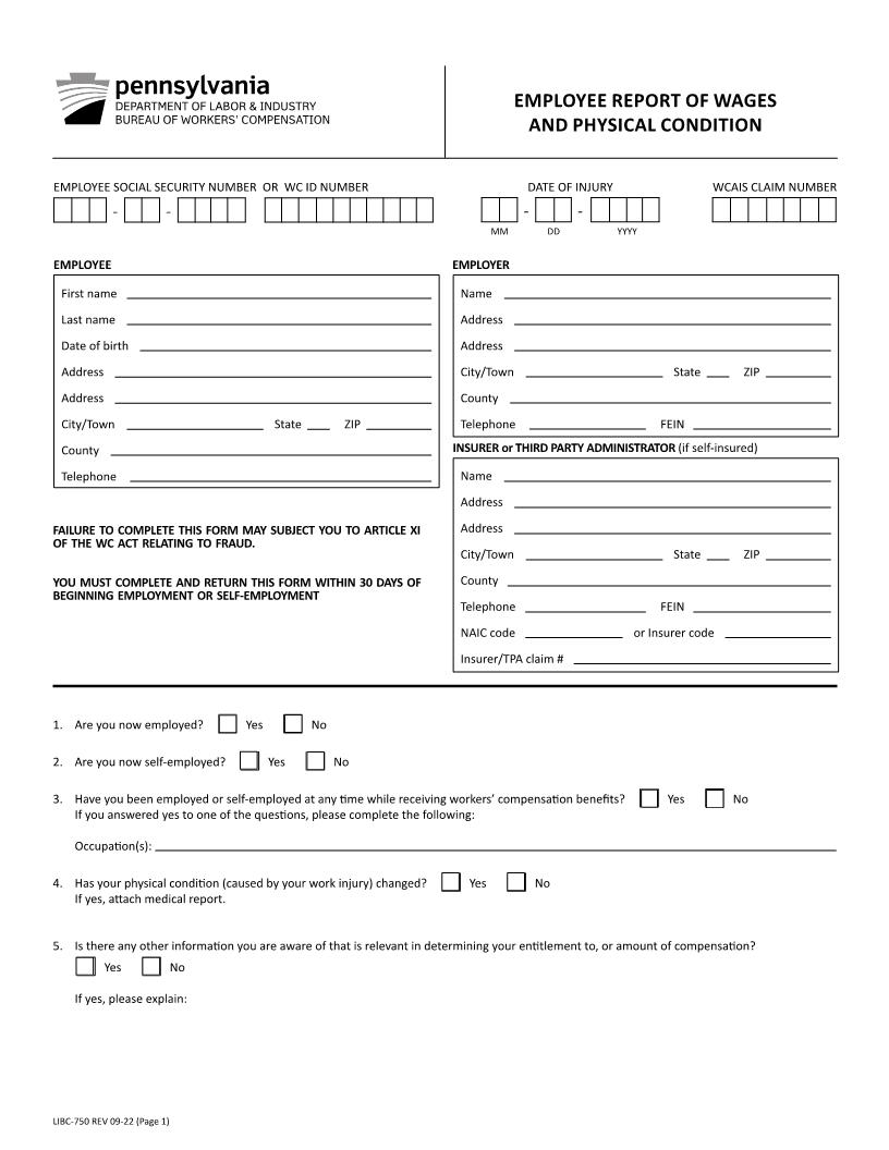 Employee Report Of Wages And Physical Condition {LIBC-750} | Pdf Fpdf Docx | Pennsylvania