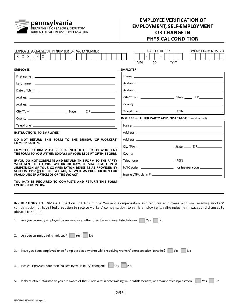 Employee Verification Of Employment Self-Employment Or Change In Physical Condition {LIBC-760} | Pdf Fpdf Docx | Pennsylvania